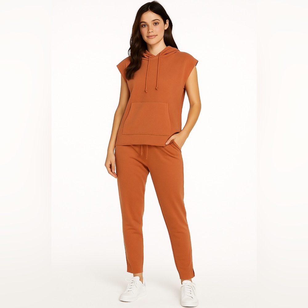New Chaser Set Rust Orange Sleeveless Hoodie & Jogger Small Cotton/Linen Blend